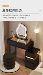 Luxury modern dressing table with mirror and stool in bedroom setting featuring compact vanity with drawers