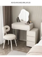Modern minimalist vanity table with mirror and stool, wood construction, bedroom furniture