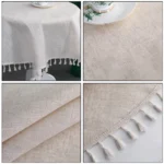 Round linen tablecloth with tassels on a dining table