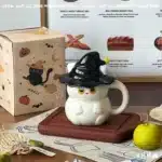 450ml Dreamy Ghost Cat Ceramic Mug with Lid – Cartoon Anime Style Couples' Cup/Holiday Gift, Unisex Cute Drinkware – side