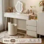 Solid Wood Dressing Table with Mirror and Stool - White