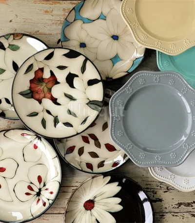 Ceramic dinnerware set with Japanese flat serving plates in floral Nordic design