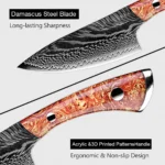 Damascus steel cleaver with wooden sheath on cutting board