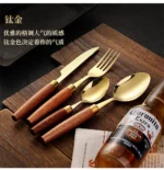 4-piece stainless steel flatware set with sapele wooden handles on a table
