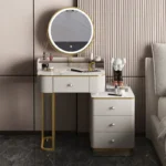 White MDF dressing table with mirror and stool in a modern bedroom setting