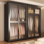 Minimalist open wardrobe closet with metal frame in a modern bedroom setting