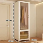 Minimalist open wardrobe closet with metal frame in a modern bedroom setting