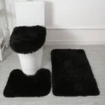 Plush bathroom rug set with toilet lid cover and mat in a cozy bathroom