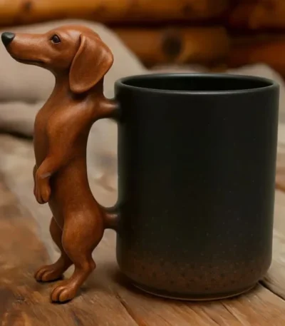 Funny Animal Shaped Tea Cup, Retro Resin Dachshund Mug,Unique Stainless Steel Coffee-Cup Resin Art Desktop Ornament