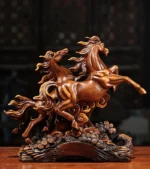 Horse statue on wine cabinet, angled view, highlighting the statue's mane and tail, office decor.