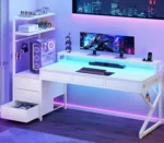 55" Gaming Desk with 6 Drawers, Corner Gaming Desk with Storage & LED Lights, Reversible PC Desk with Power Outlet,,