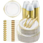 Elegant 350-Piece Gold Plastic Dinnerware Set: 100 Rimmed Plates, 150 Cutlery, 50 Napkins, 50 Cups for Parties &