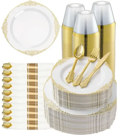 Elegant 350-Piece Gold Plastic Dinnerware Set: 100 Rimmed Plates, 150 Cutlery, 50 Napkins, 50 Cups for Parties & Weddings