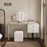 modern extendable dressing table with mirror and stool in a bedroom