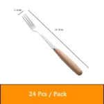 Stainless steel flatware set with wooden handles displayed on a table