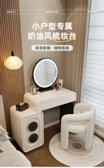 Modern white wood dressing table with mirror and three drawers in bedroom setting