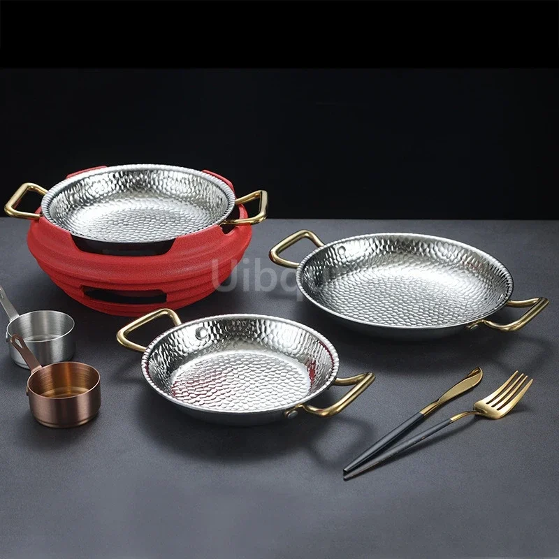 Commercial crayfish plate Flat bottom stewed rice pot Double ear frying pan hotpot 304 stainless steel Spanish seafood rice pot