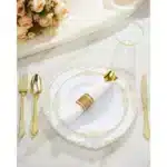 Elegant 350-Piece Gold Plastic Dinnerware Set: 100 Rimmed Plates, 150 Cutlery, 50 Napkins, 50 Cups for Parties &