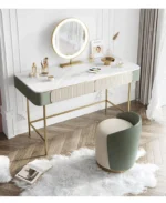 Modern dresser with mirror and stool – 2-drawer makeup vanity table in a minimalist bedroom setting