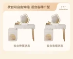 Modern makeup vanity desk with mirror and stool in a bedroom setting, showcasing ample storage and elegant design