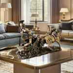 Overall view on a console table with plant background, home decoration.