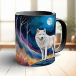 Moon coffee mug with white wolf design on ceramic surface