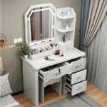 Goldoma LED dressing table with mirror and stool in a modern bedroom – stylish wooden makeup vanity with 2 drawers