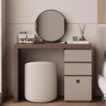 Minimalist wood dressing table with mirror and three storage drawers in modern bedroom setting
