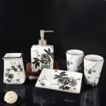 Lotion bottle with a pump top, photographed from above to show the floral motif on the lid.