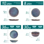 Grey-blue reactive glaze stoneware dinnerware set with plates and bowls on wooden table