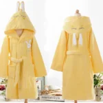 100% Cotton Children Hooded Bathrobe Cartoon Rabbit Cute Soft Warm Solid Belted Robes for Kids