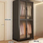 Minimalist open wardrobe closet with metal frame in a modern bedroom setting