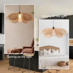 Handwoven rattan ceiling light in a modern dining room setting