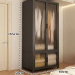 Minimalist open wardrobe closet with metal frame in a modern bedroom setting
