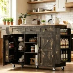 52-inch rolling kitchen island with storage in black and gold, featuring drop leaf and spice rack