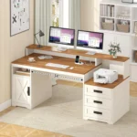 Farmhouse Computer Desk with Drawers, 65'' Home Office Desk with Power Outlets, Storage Cabinet and Printer Stand, Customized