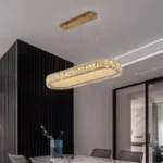 Luxury crystal chandelier illuminating a modern living room with sparkling light