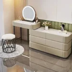 modern dressing table with mirror and stool in a bright bedroom
