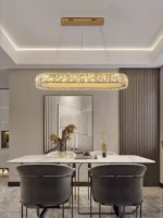 Luxury crystal chandelier illuminating a modern living room with sparkling light