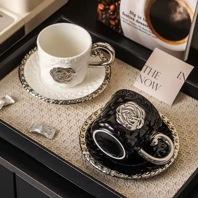 3D Camellia Embossed Ceramic Coffee Cup with Saucer Set, Luxury Mug, Vintage Floral Tea Cup 300ml, Gift for Her Home & Office