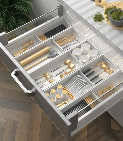 Kitchen drawer organizer with compartments for cutlery and utensils