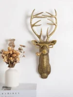Wall Decoration Resin Imitation Copper Animal Deer Head Wall Storage Hook Wall Hanging Indoor Fireplace Office Decor