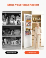 Over the door pantry organizer with 10 tiers holding spices and cans on a white door