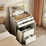 Modern white LED vanity dresser with mirror and stool - complete makeup table set for bedroom | Goldoma