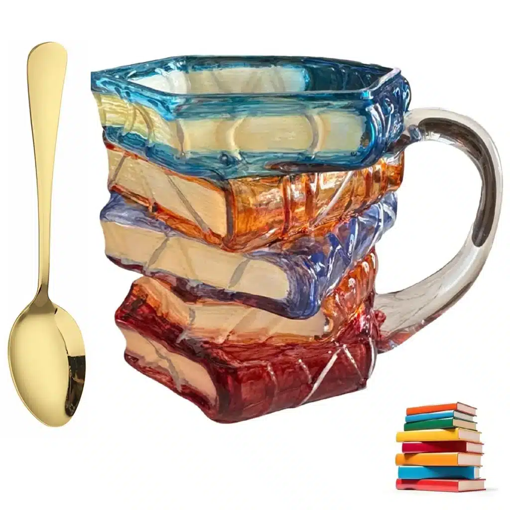 3D Glass Painted Book Mug, Unique Design Books Stack Coffee Mug With Spoon, Book Club Gift for Bookish Bookworm Librarian