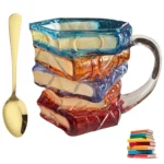 3D Glass Painted Book Mug, Unique Design Books Stack Coffee Mug With Spoon, Book Club Gift for Bookish Bookworm Librarian