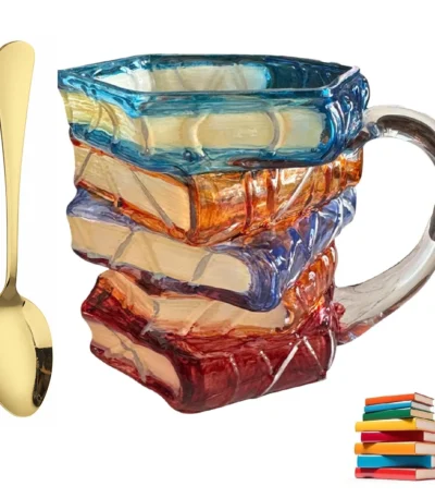 3D Glass Painted Book Mug, Unique Design Books Stack Coffee Mug With Spoon, Book Club Gift for Bookish Bookworm Librarian