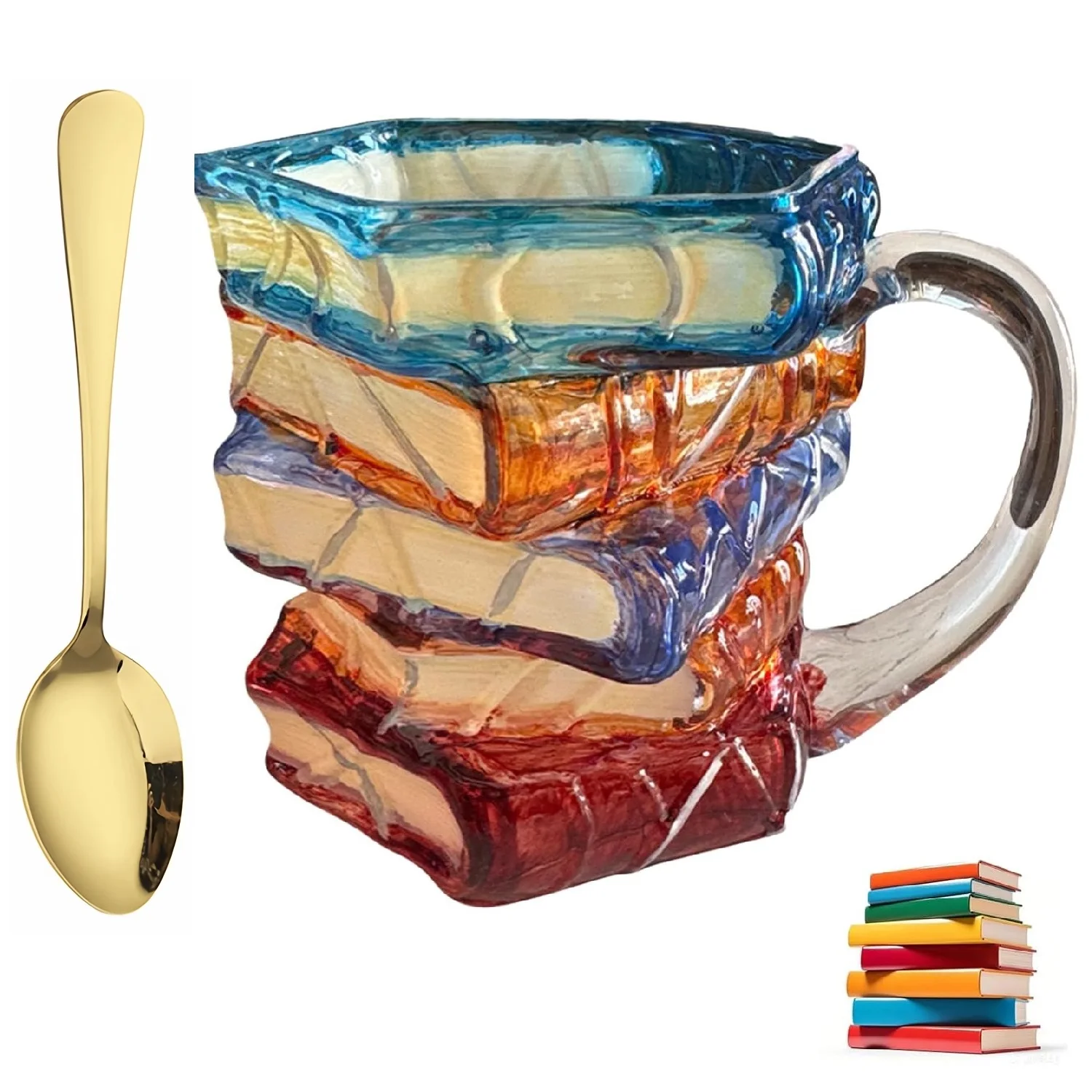 3D Glass Painted Book Mug, Unique Design Books Stack Coffee Mug With Spoon, Book Club Gift for Bookish Bookworm Librarian