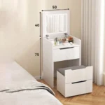 Modern flip cover dressing table with LED light, stool, and three drawers in a bedroom setup