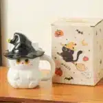 450ml Dreamy Ghost Cat Ceramic Mug with Lid – Cartoon Anime Style Couples' Cup/Holiday Gift, Unisex Cute Drinkware – angled